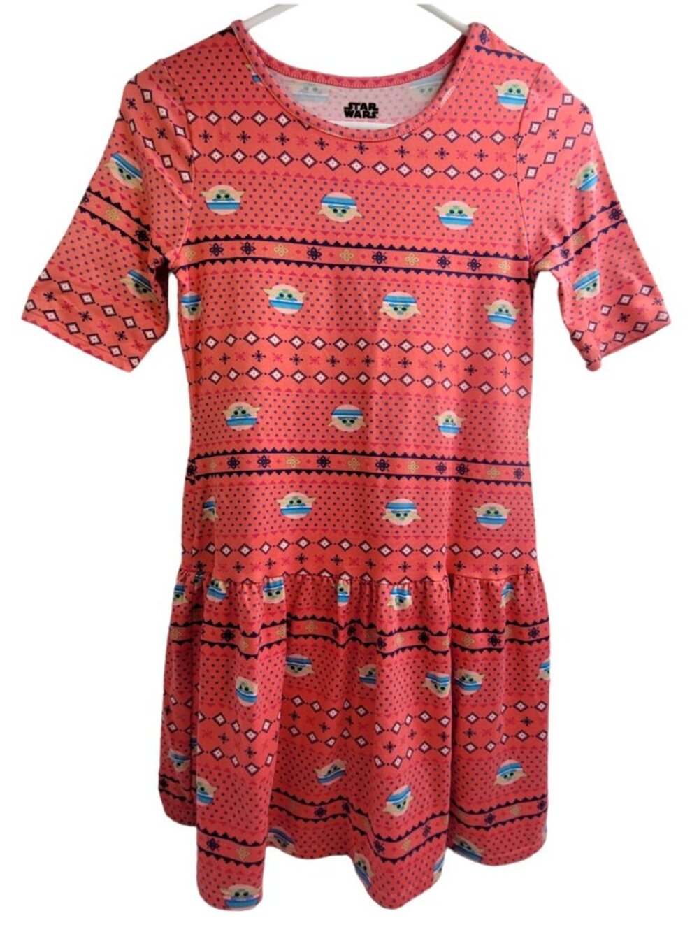 STAR WARS Girls Mandalorian Baby Yoda Print Dress 10/12 Coral Knit Low Waist